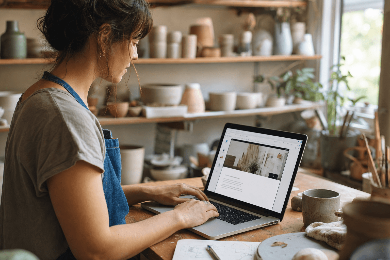 A studio owner rebuilding her business website on a laptop as the new pages assemble on screen