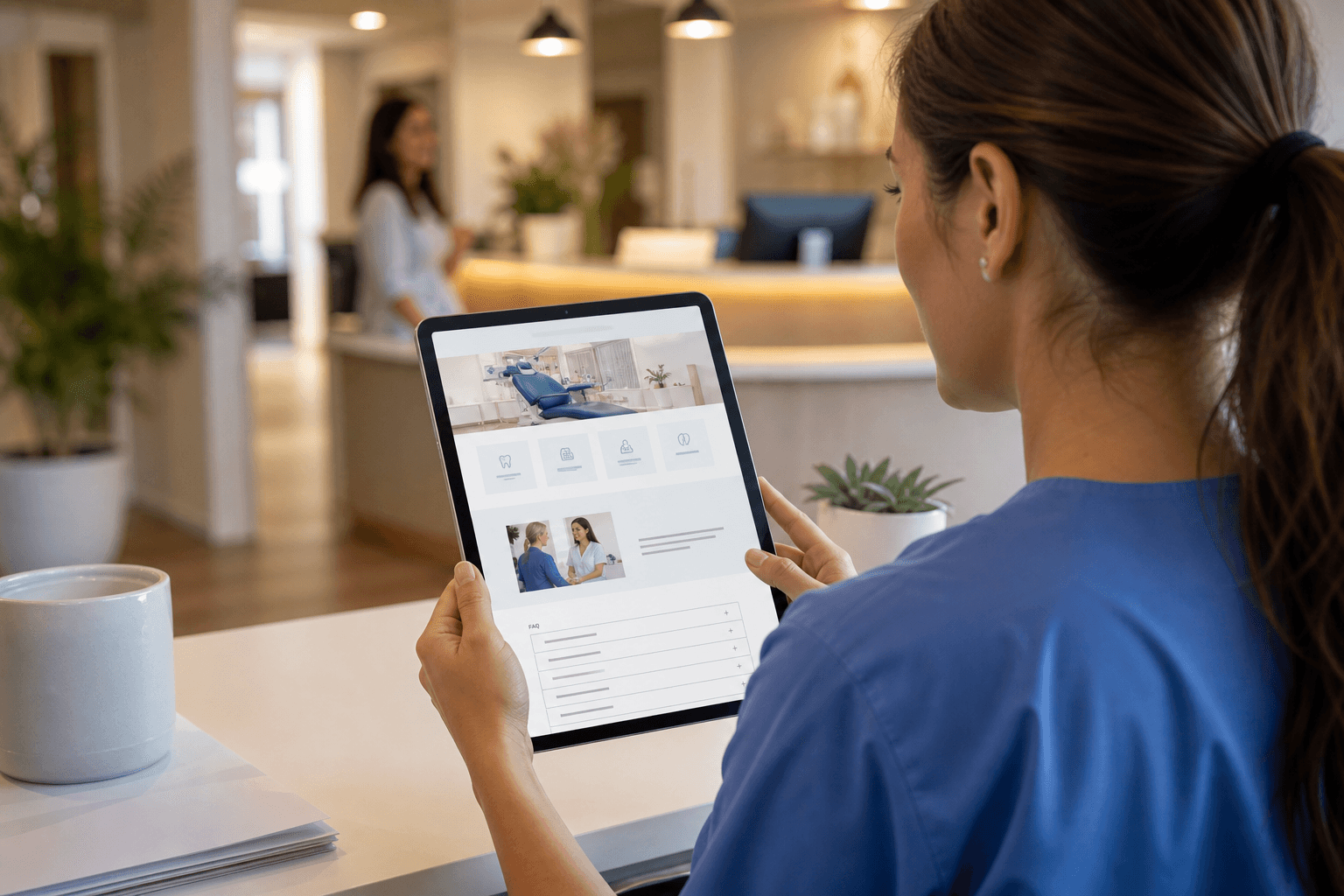 A small business owner reviewing her website's pages on a tablet before moving platforms