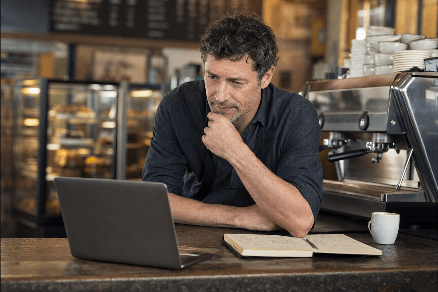 A cafe owner at his counter comparing website builder options on a laptop with a handwritten pros-and-cons list