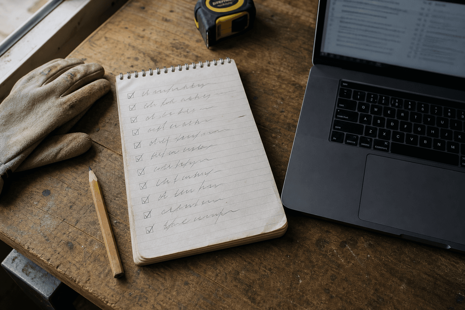 A business owner working through a site inventory checklist in a notebook