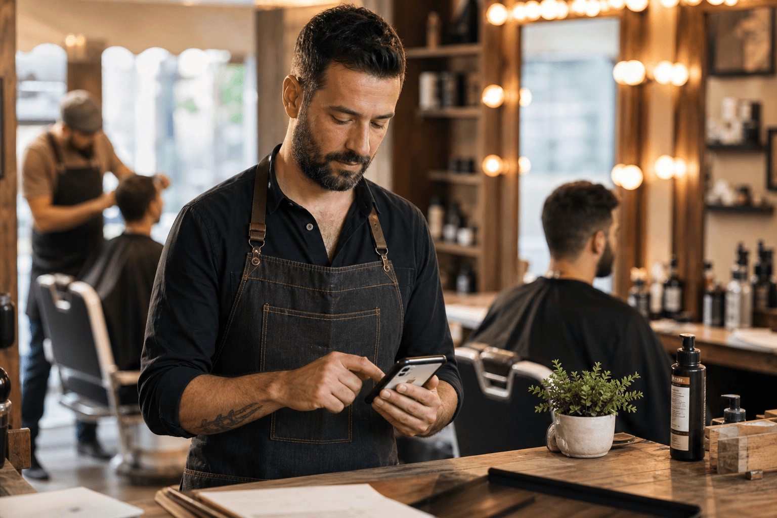 A shop owner updating his business website from his phone between customers