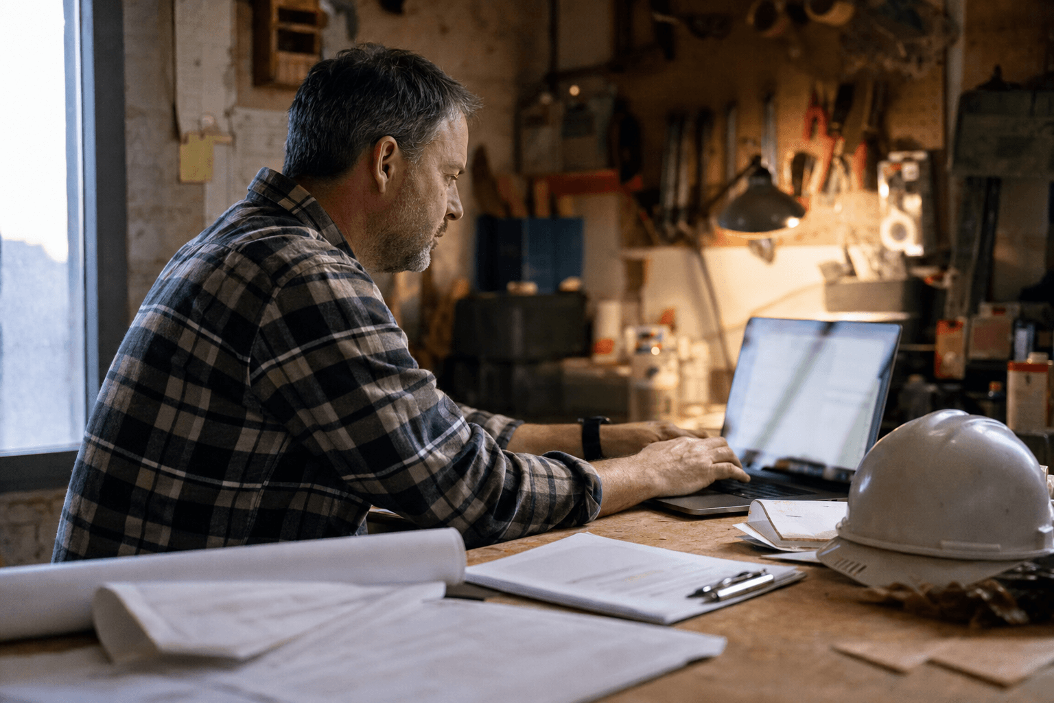 A contractor at his workshop desk working on his company's web presence on a laptop