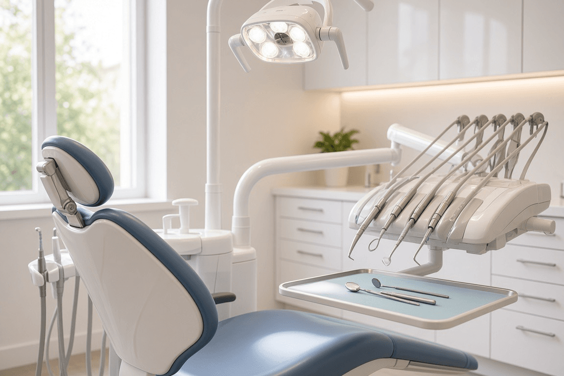 A bright dental operatory with the chair, overhead light, and instrument tray ready for a patient