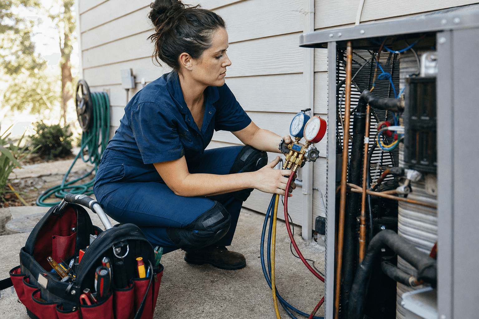 An HVAC technician checking gauges on an outdoor condenser unit
