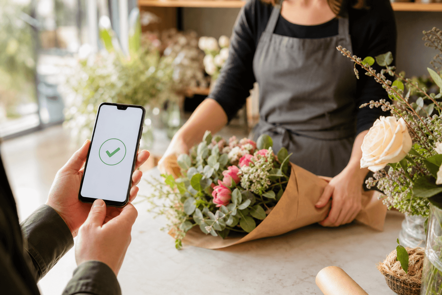 A customer paying a florist's invoice from their phone while the florist wraps a bouquet