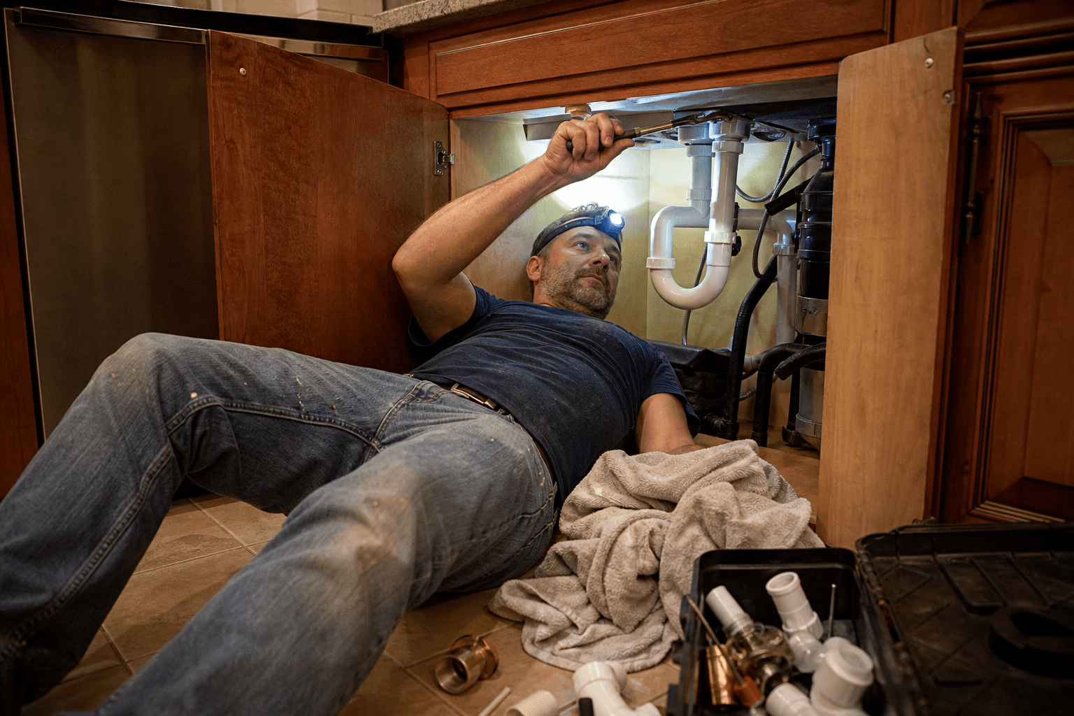 A plumber working under a kitchen sink with tools laid out beside him
