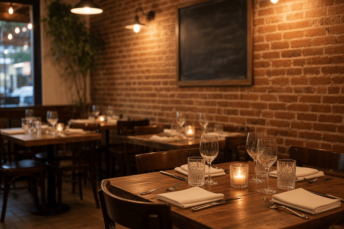 A warmly lit restaurant dining room with set tables and a busy open kitchen in the background