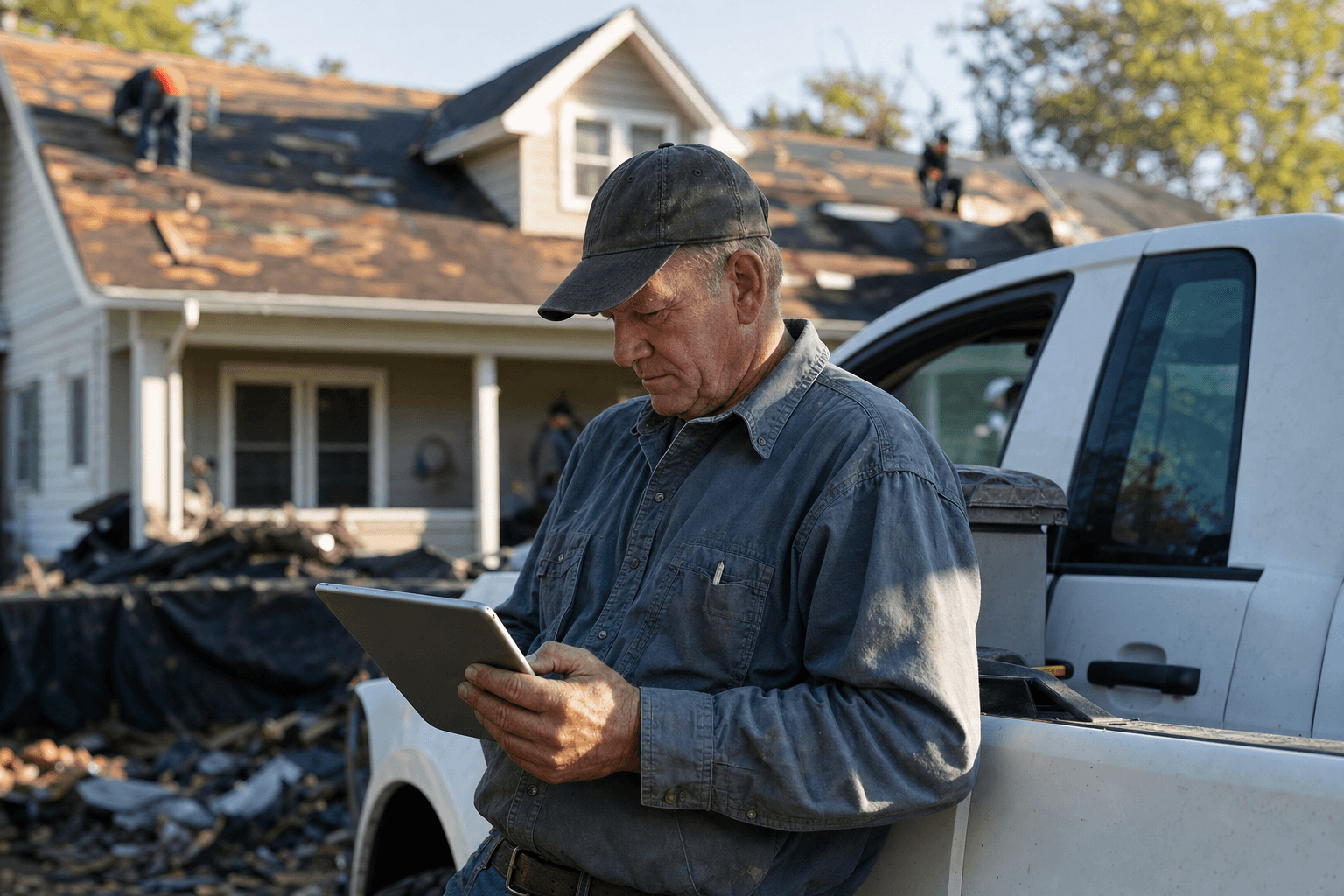 A remodeler reviewing a kitchen renovation plan on a tablet on site