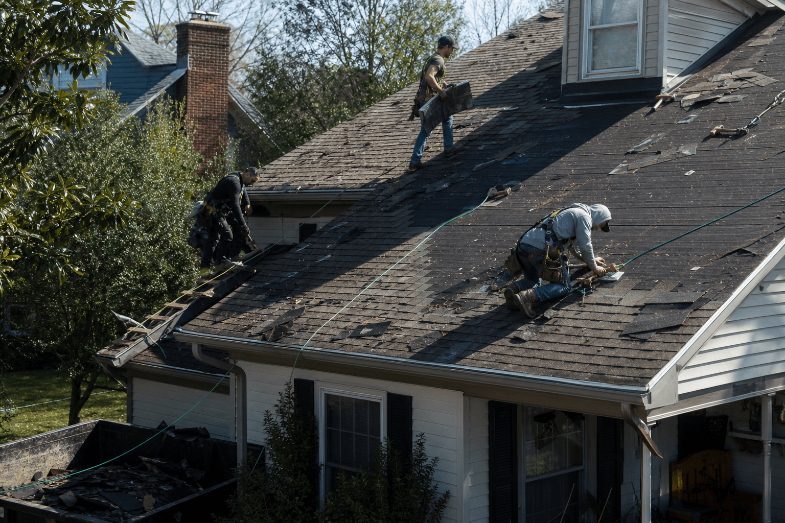 A roofing crew tearing off and replacing a shingle roof on a residential home