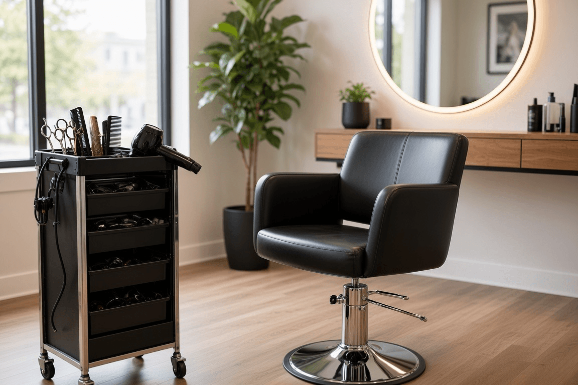 A styling chair at a salon station with a large mirror, tools laid out, and natural light from the window