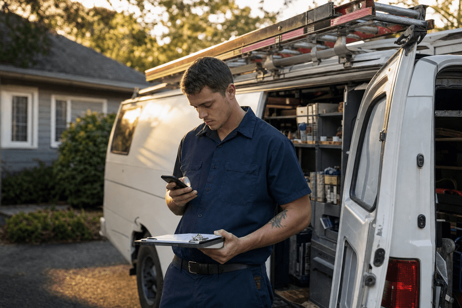 A service technician checking his phone beside his open work van between jobs