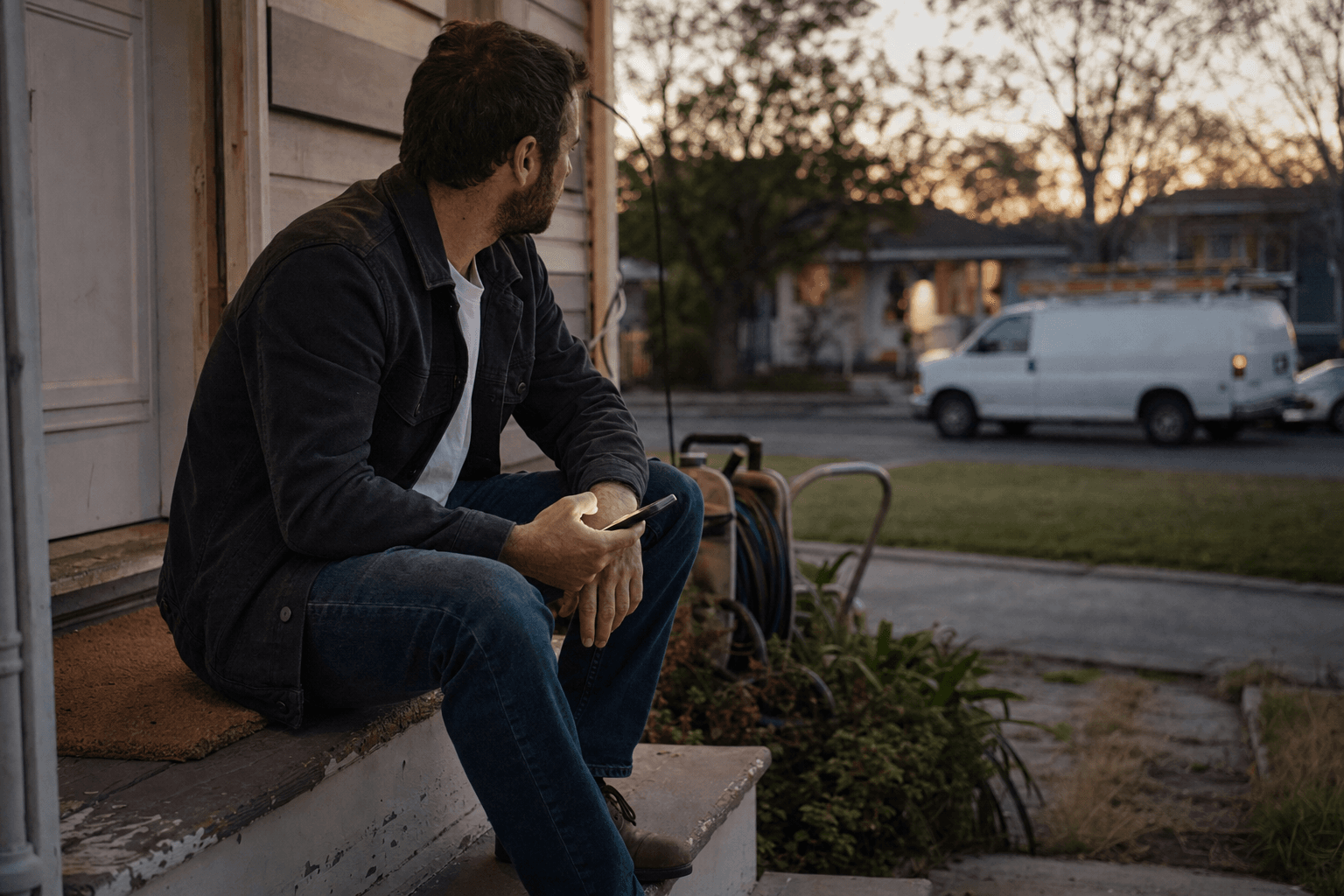 A homeowner on his front porch at dusk checking an AI answer on his phone, a contractor's van parked across the street
