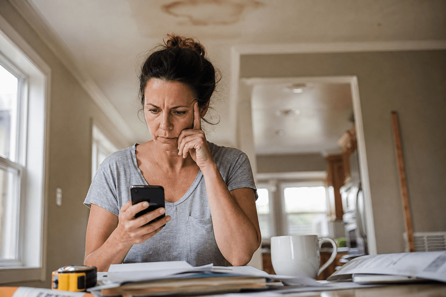 A homeowner at her kitchen table reading an AI answer on her phone, renovation paperwork spread in front of her
