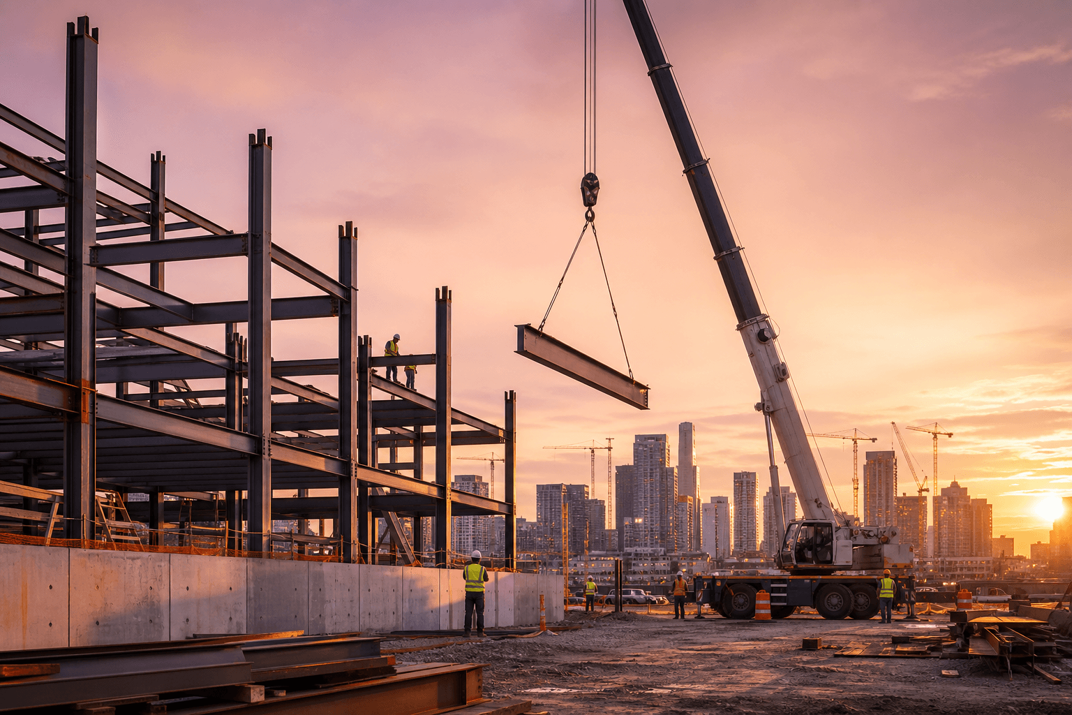 Commercial construction site at golden hour with a mobile crane lifting a steel beam over a partially framed steel-and-concrete building, distant city skyline silhouetted behind
