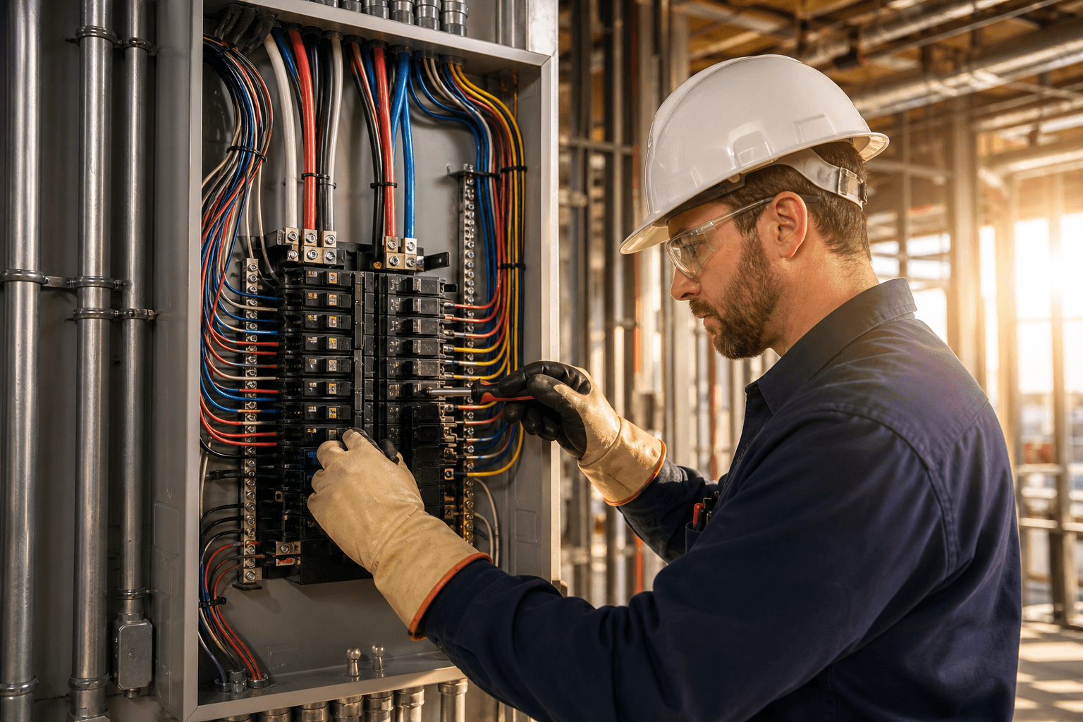 Commercial electrical panel rough-in inside a building under construction with neatly bundled red, blue, yellow, and black wires entering a breaker panel and an electrician in a hard hat torquing a breaker