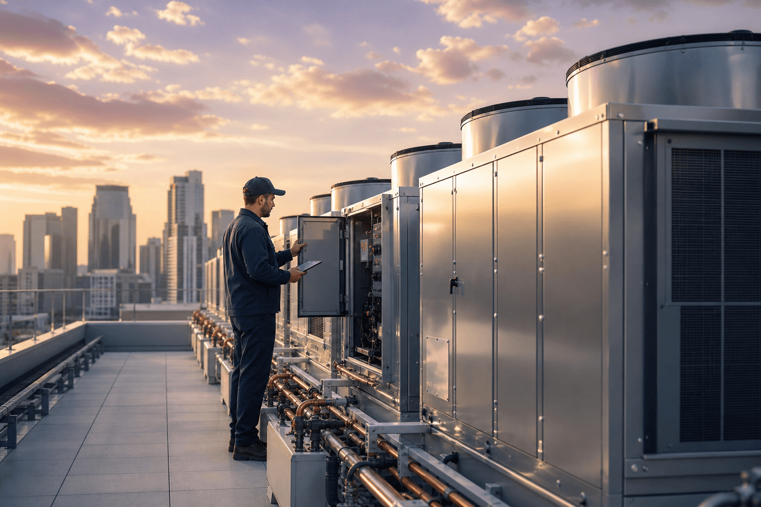 Rooftop commercial HVAC installation on a modern office tower at sunset with rows of silver air-handling units and a technician examining a control panel