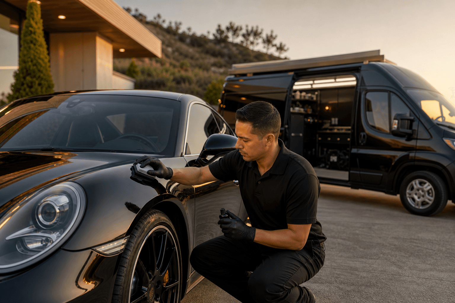 Mobile auto detailer in branded uniform applying ceramic coating to a luxury sports car parked in the driveway of a modern hillside home at sunset with a branded mobile detailing van in the background