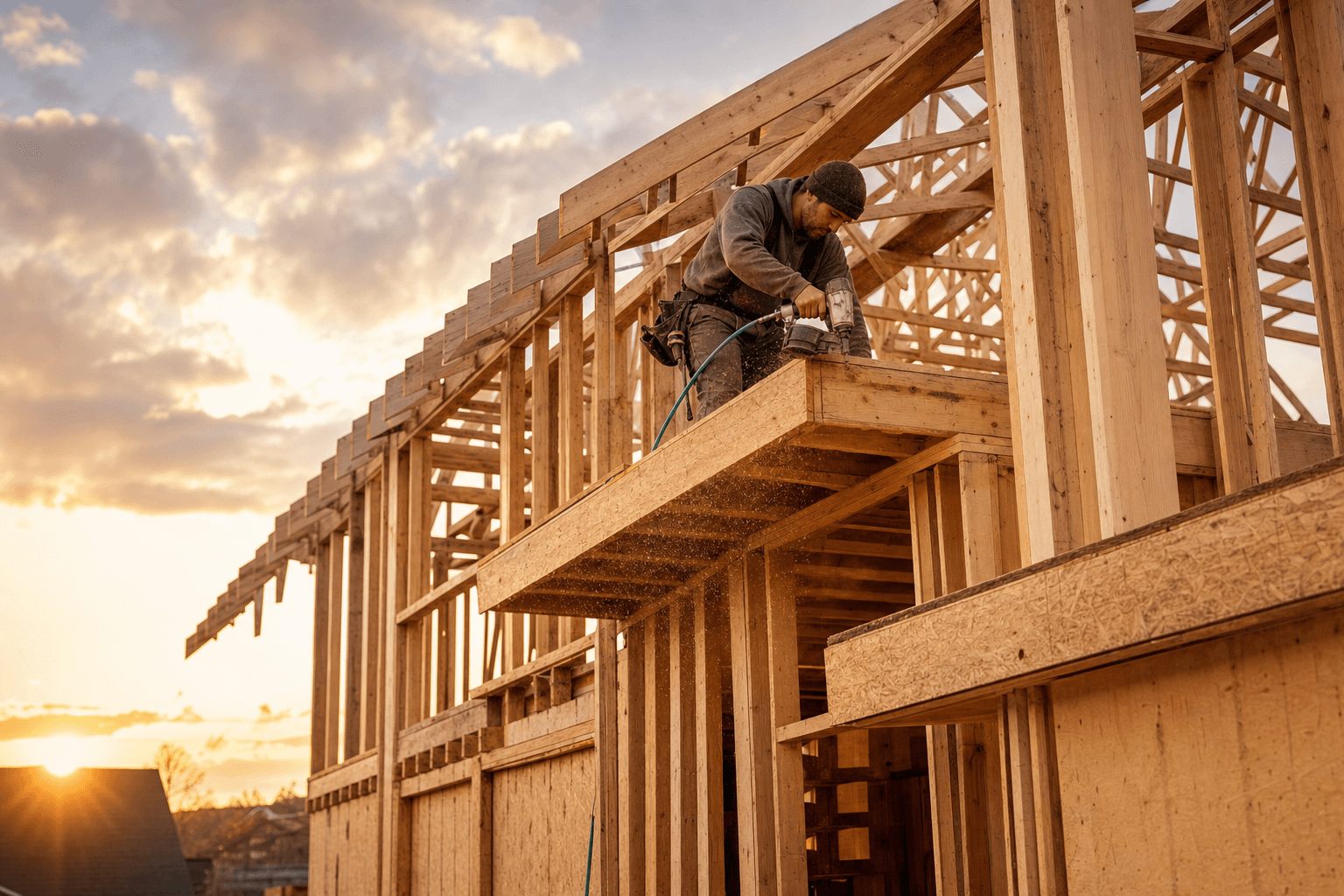 Wood-frame residential construction site at sunset showing exposed two-by-four framing, OSB sheathing, and a carpenter with a nail gun working on a second-floor wall