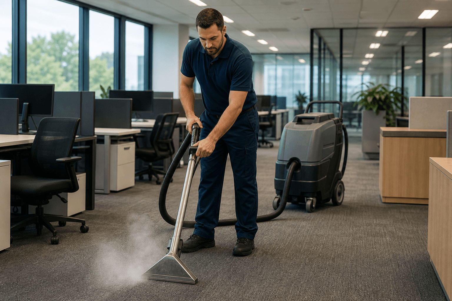 Commercial carpet cleaning technician using a hot-water extraction wand on a freshly steamed office carpet with a portable extraction machine in the background and the company logo on the equipment