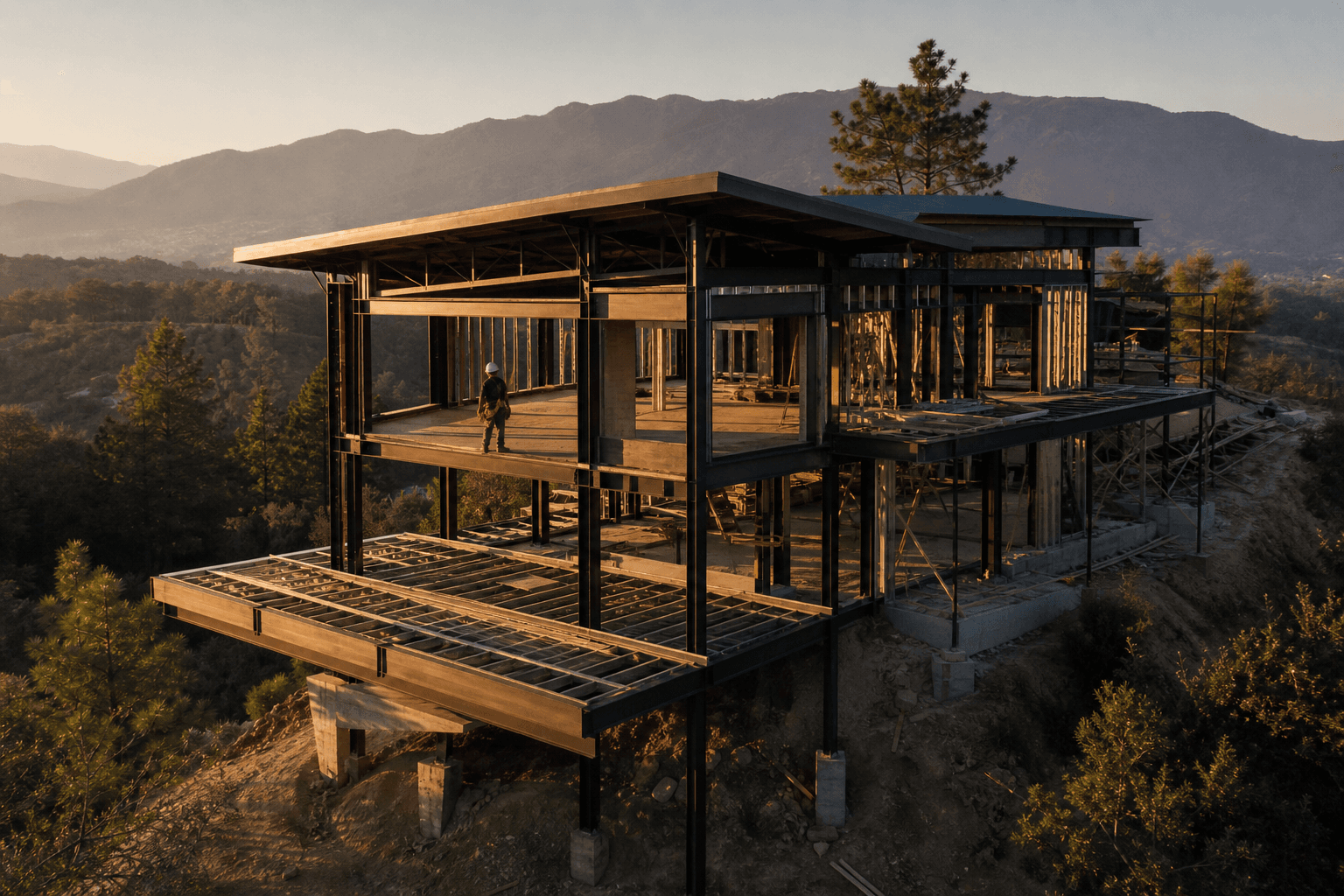 Architectural rendering of a modern luxury custom home under construction with steel framing, large window openings, and an aerial view of a sloped hillside lot at sunset