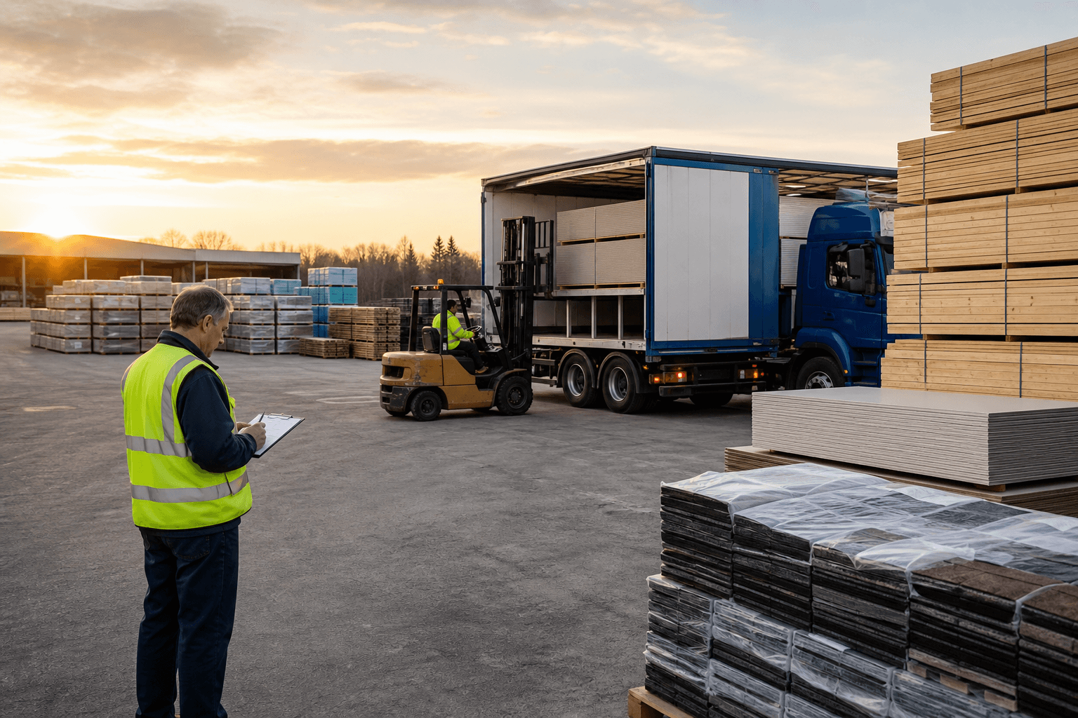 Building supply distribution yard at dawn with stacks of lumber, drywall, and roofing materials being loaded onto delivery trucks by forklifts with a yard manager checking a clipboard