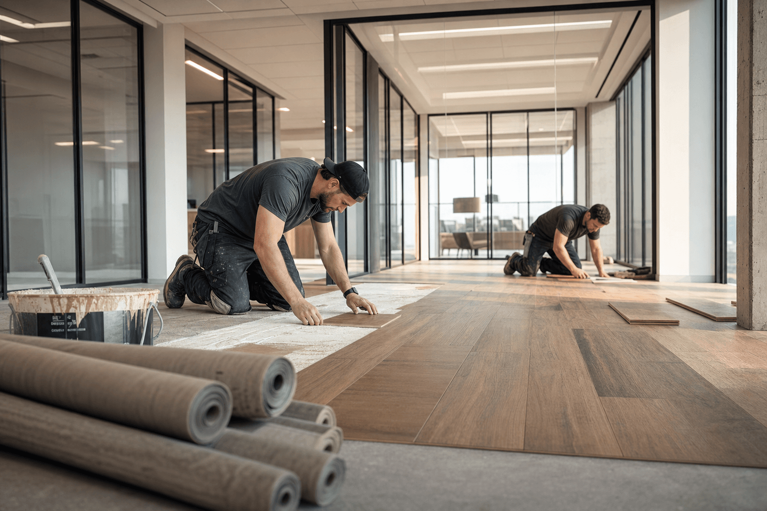 Commercial flooring installation in a modern office tenant improvement with rolls of luxury vinyl plank, a crew laying engineered hardwood, and finished glass partition walls in the background