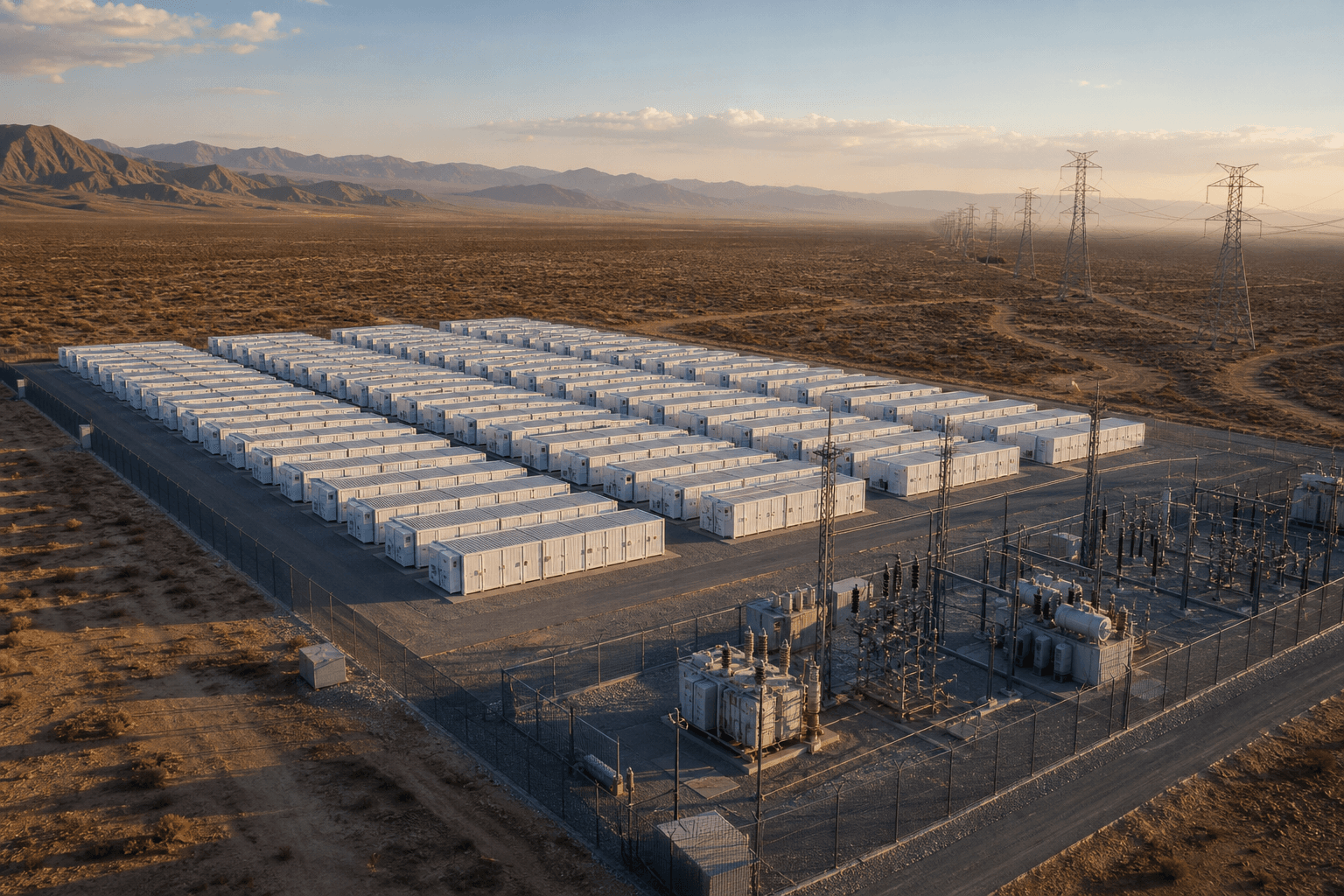 Aerial view of a utility-scale battery energy storage system installation in a dry desert landscape with rows of white BESS containers, switchyard transformers, and high-voltage power lines at golden hour