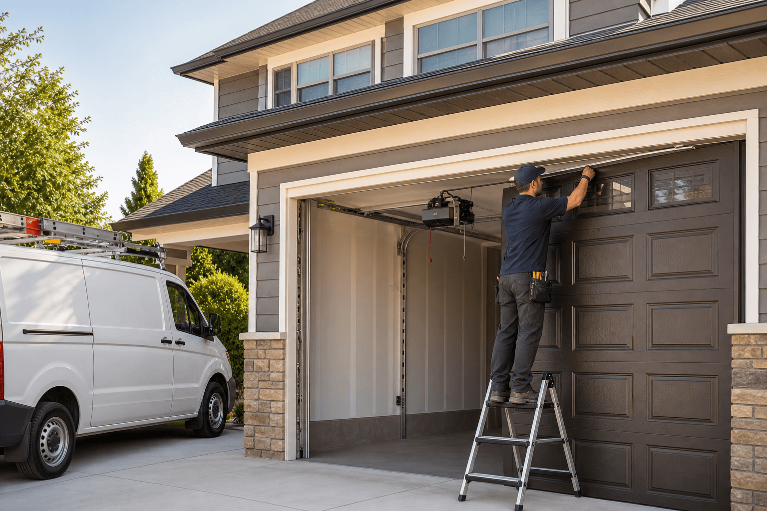 Garage door technician installing a new sectional residential garage door with new tracks and a smart opener on a modern suburban home with a service van branded with the company logo