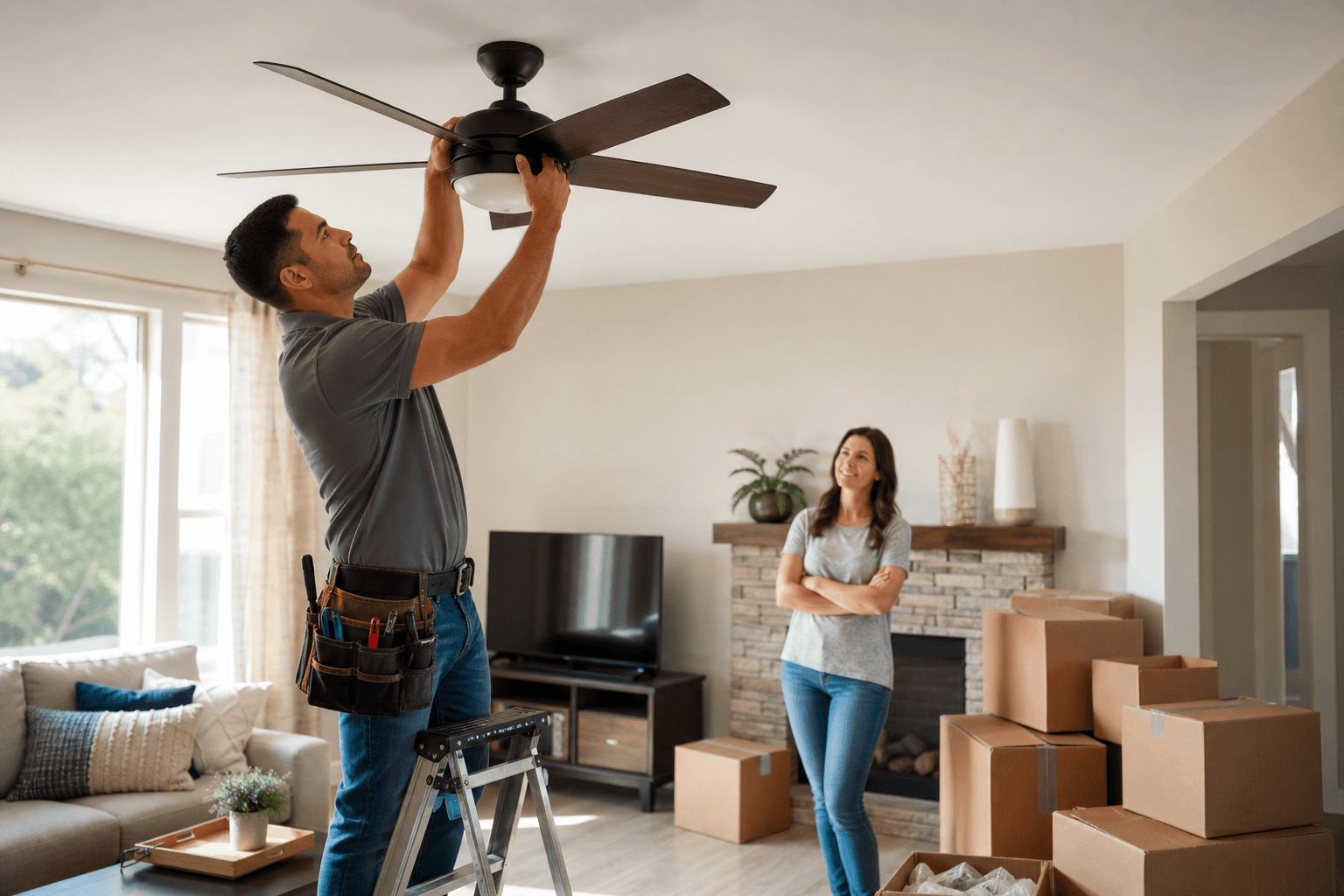 Handyman in a branded uniform with tool belt installing a ceiling fan in a recently purchased suburban home, with moving boxes and a smiling homeowner in the background