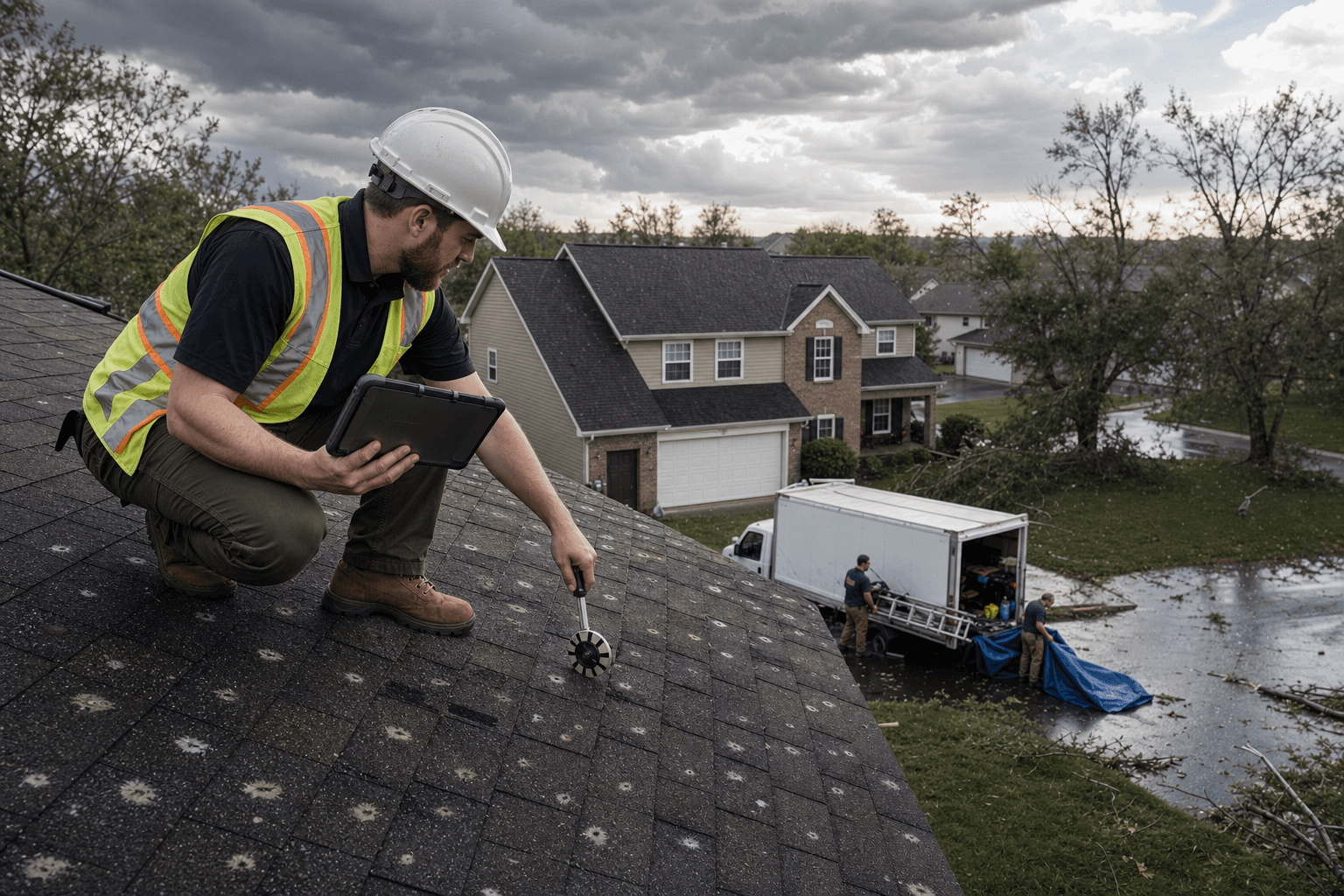 Insurance restoration adjuster on a hail-damaged residential roof inspecting a torn shingle with a measuring chalk wheel and a tablet, with a service truck and crew in the driveway below