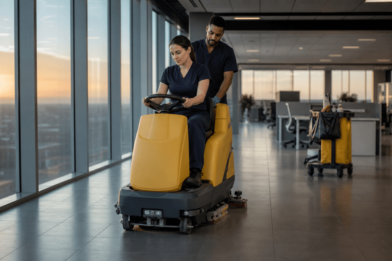 Janitorial crew in branded uniforms operating a floor scrubber across a freshly tiled open-plan commercial office at dawn with cleaning carts and fresh trash liners visible in the background