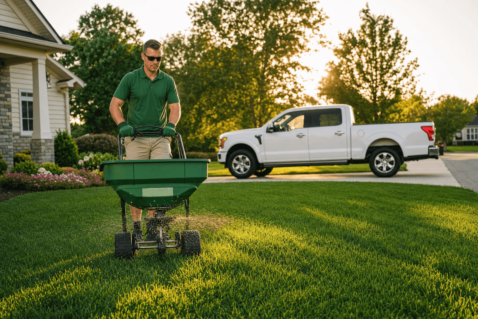 Lawn care technician in a branded polo applying fertilizer with a riding spreader on a lush green suburban front lawn at golden hour, with a service truck visible in the driveway