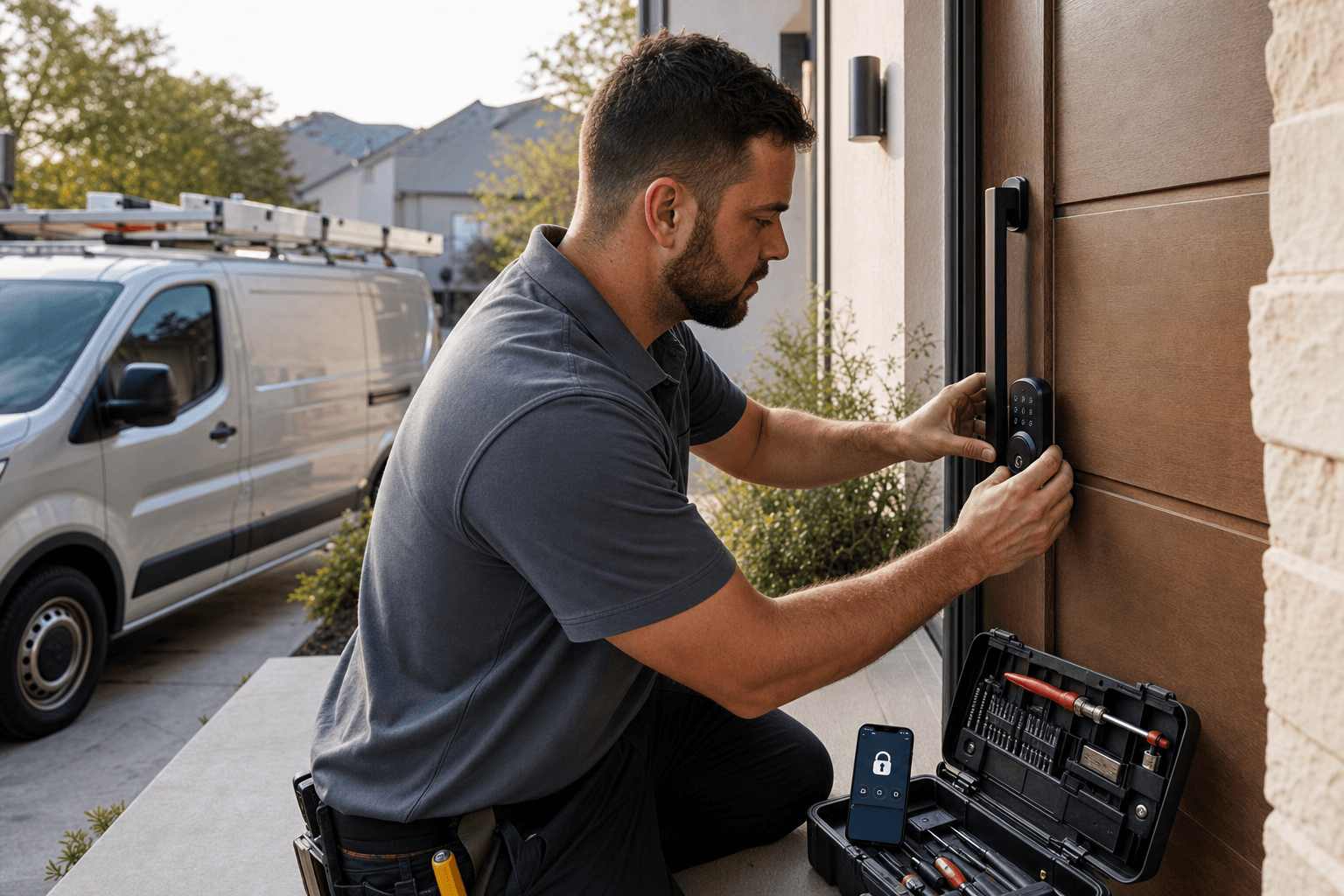 Locksmith technician installing a modern smart deadbolt on a residential front door with a tool kit and a smartphone showing the access app, branded service van visible in the driveway