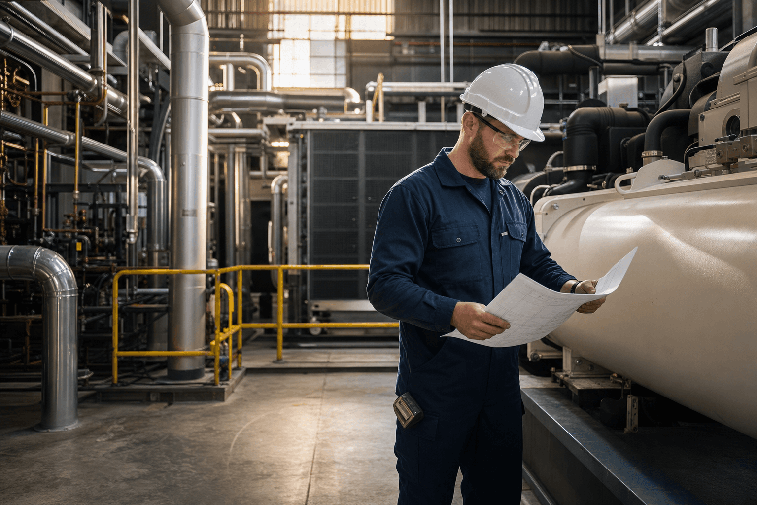 Industrial mechanical room with large rooftop air-handling units, polished stainless process piping, and a mechanical contractor reviewing blueprints next to a chiller