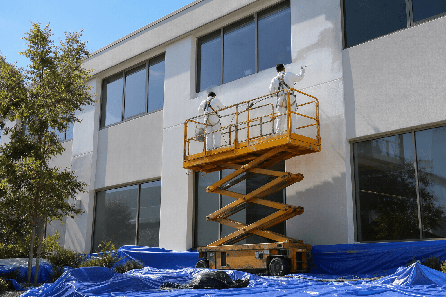 Commercial painting crew on scissor lifts spray-painting the exterior of a multi-story office building in fresh white paint with safety harnesses and drop cloths visible