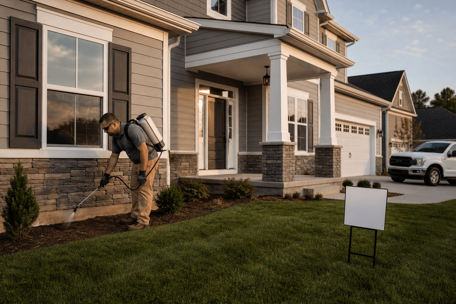 Pest control technician in a branded uniform with backpack sprayer treating the foundation perimeter of a freshly built suburban home with a service truck and lawn signs nearby