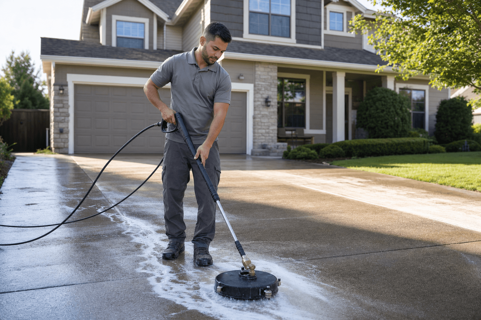 Pressure washing technician in a branded uniform cleaning a stained concrete driveway in front of a suburban home with a high-pressure wand and surface cleaner attachment, foamy water visible