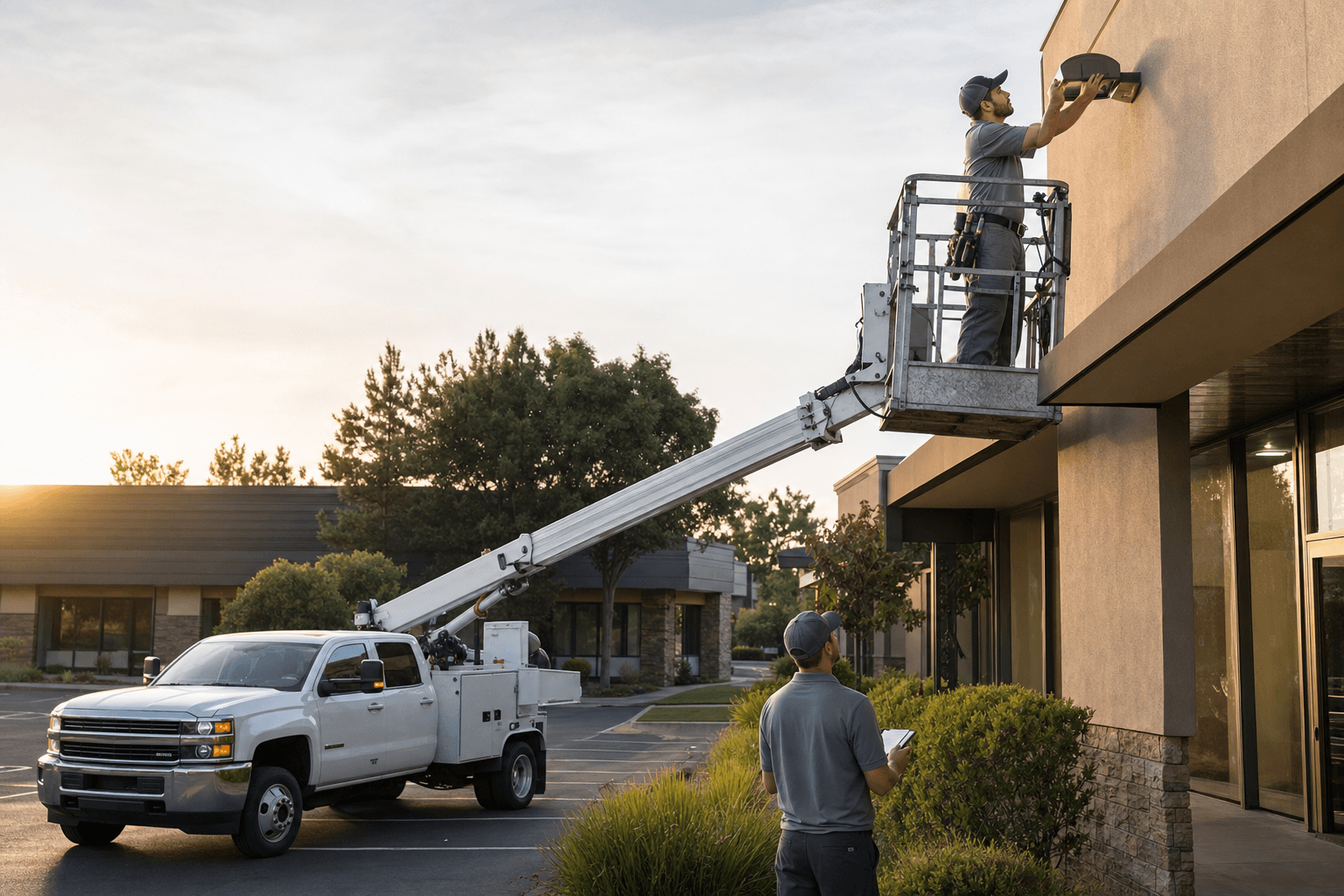 Commercial property maintenance crew with branded service truck performing exterior building maintenance on a multi-tenant office park at dawn, with a worker on a lift fixing a sign