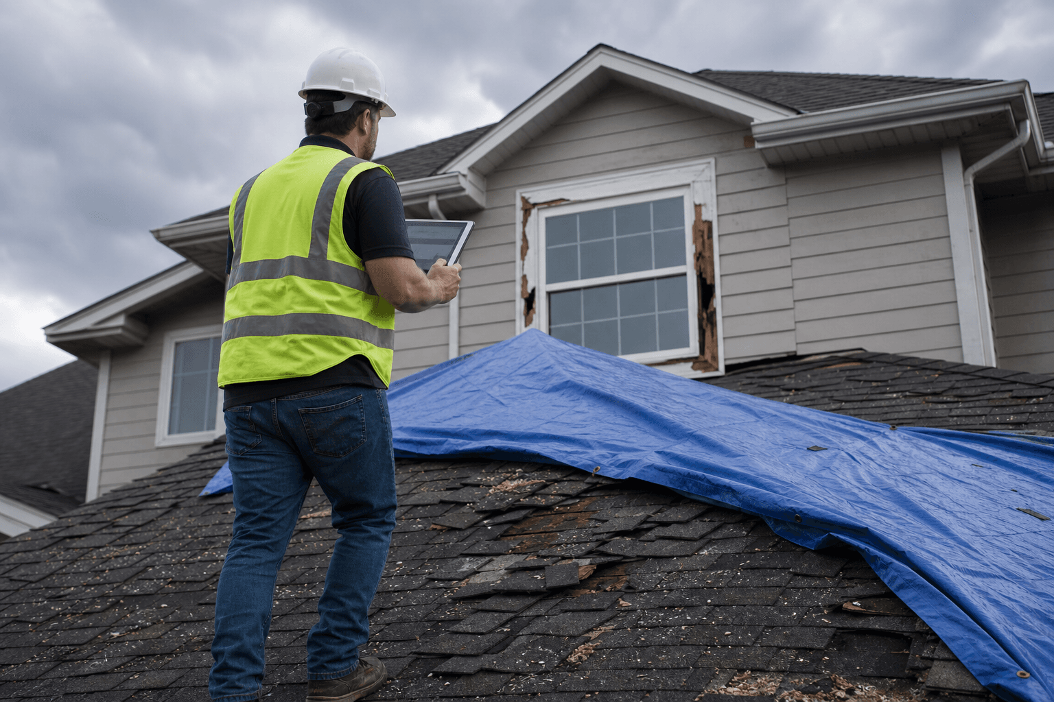 Storm-damaged residential roof with blue tarp covering hail damage, a restoration contractor in branded gear documenting the loss on a tablet, and a damaged second-story window in the background