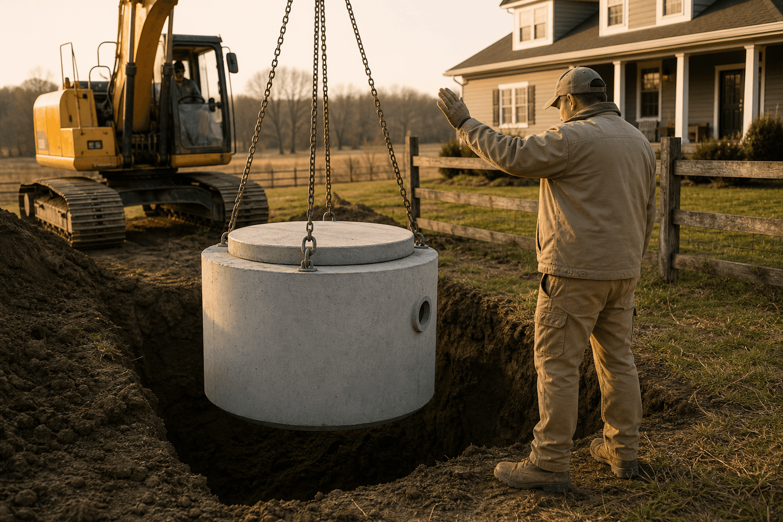 Septic tank installation in a residential rural backyard with an excavator placing a concrete septic tank into a freshly dug trench at golden hour