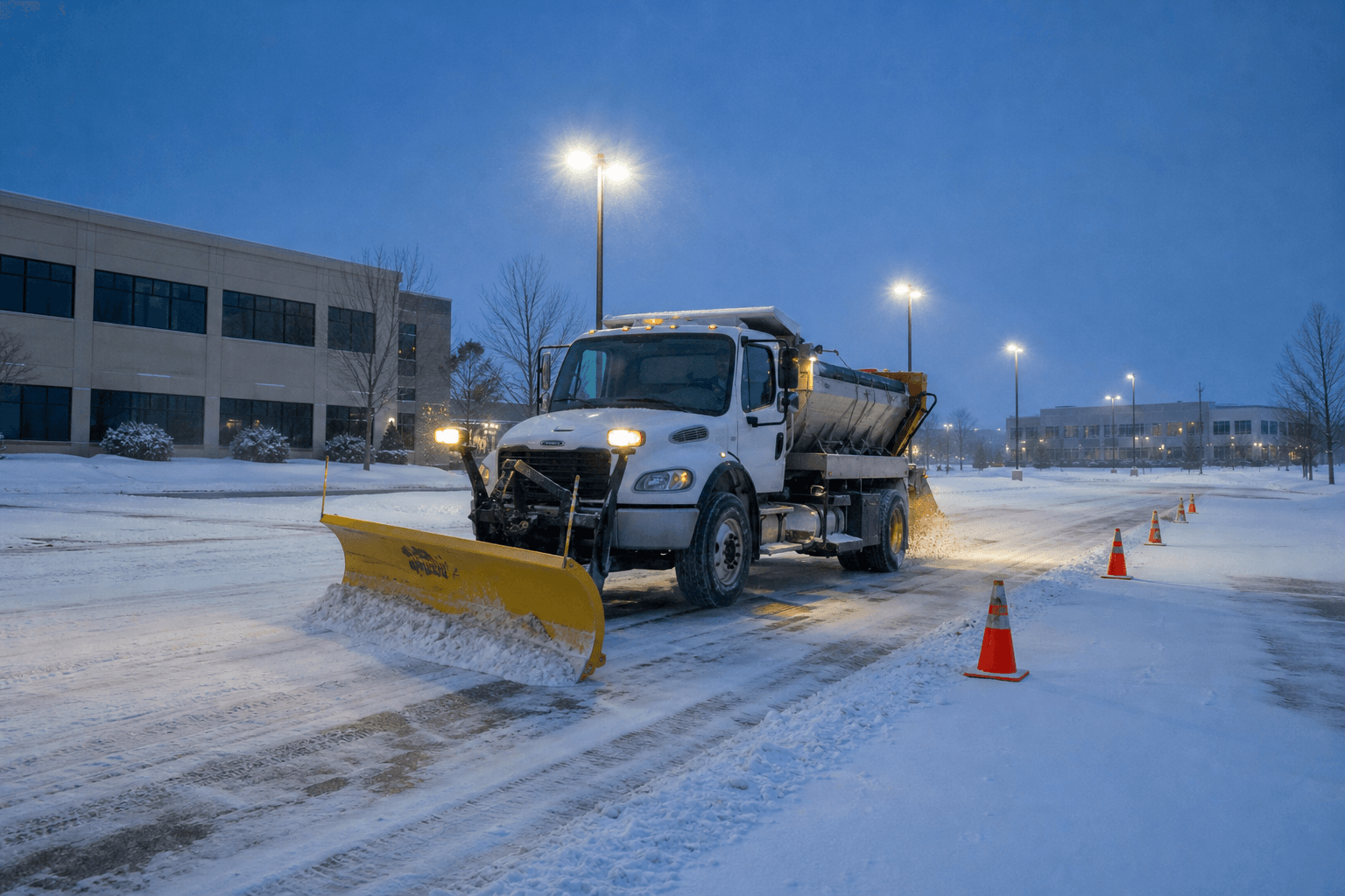 Commercial snow plow truck clearing a snow-covered office park parking lot at dawn with floodlights, salt spreader running, and a row of orange traffic cones