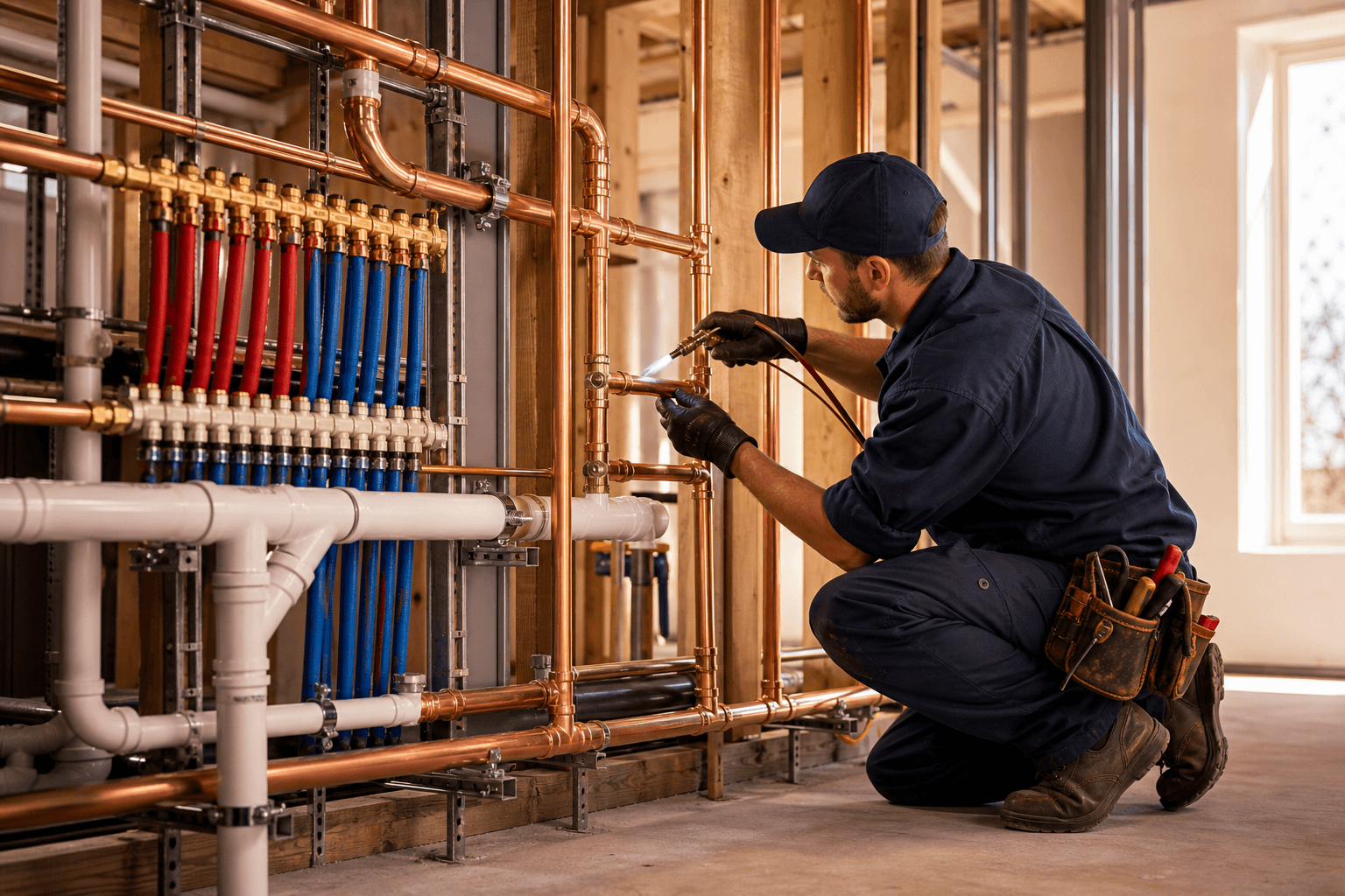 Commercial plumbing rough-in with polished copper supply lines, red and blue PEX manifolds, and PVC drains running through a wood-framed mechanical room with a plumber soldering a copper joint