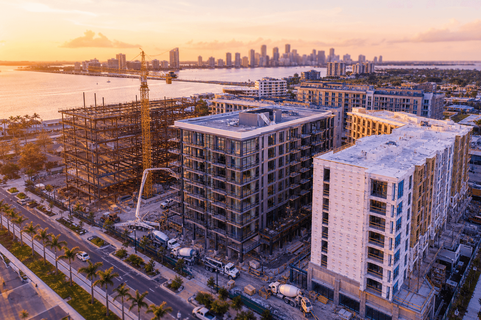 Aerial view of a luxury multifamily real-estate development under construction in a coastal city at golden hour, with cranes, mid-rise residential towers, and a distant skyline across the bay