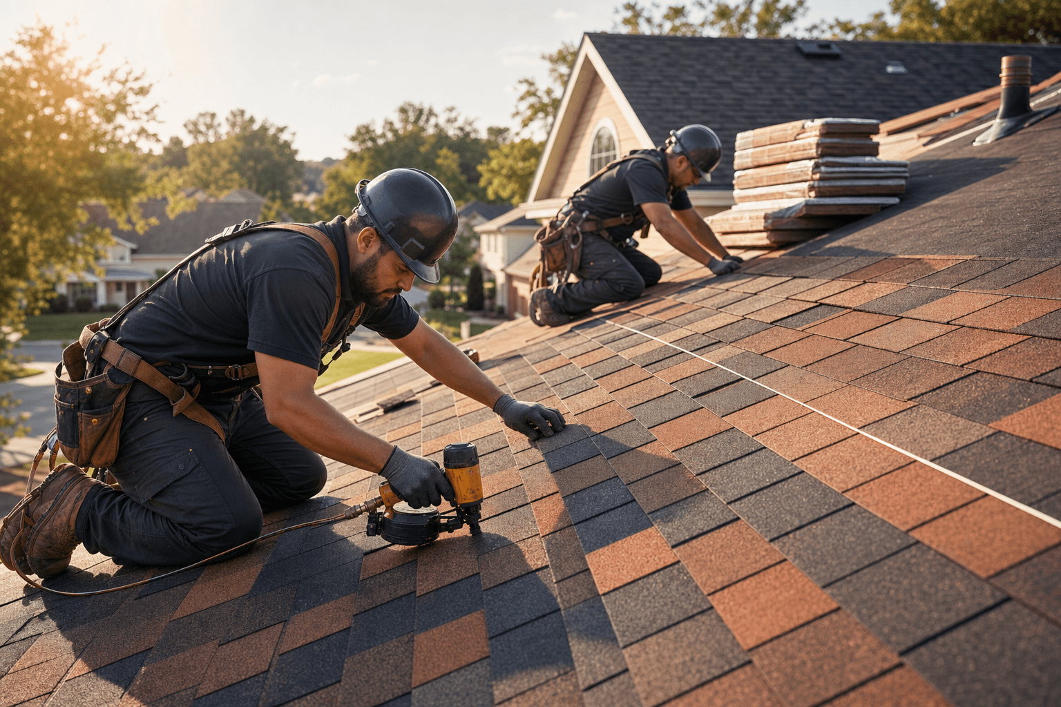 Two professional roofers in hard hats installing terracotta-and-charcoal architectural-shingle roofing on a beautiful suburban home at golden hour with stacks of fresh bundles nearby
