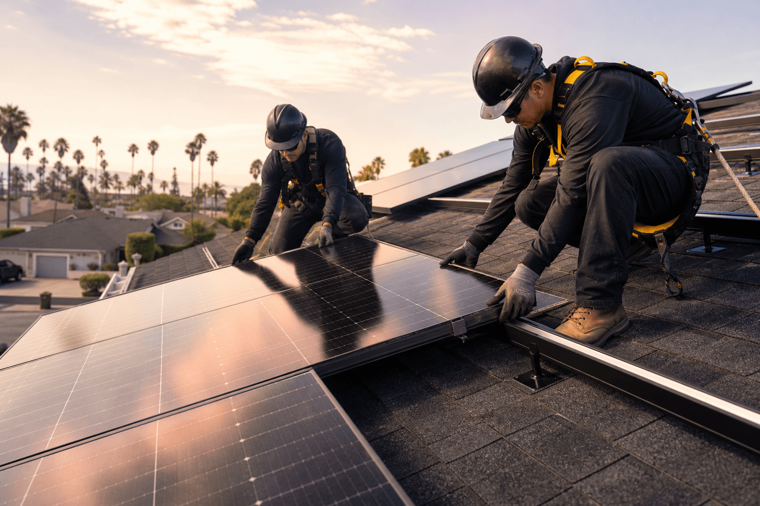 Two solar technicians in hard hats and harnesses installing black monocrystalline panels onto a sloped composite-shingle roof of a California suburban home at golden hour