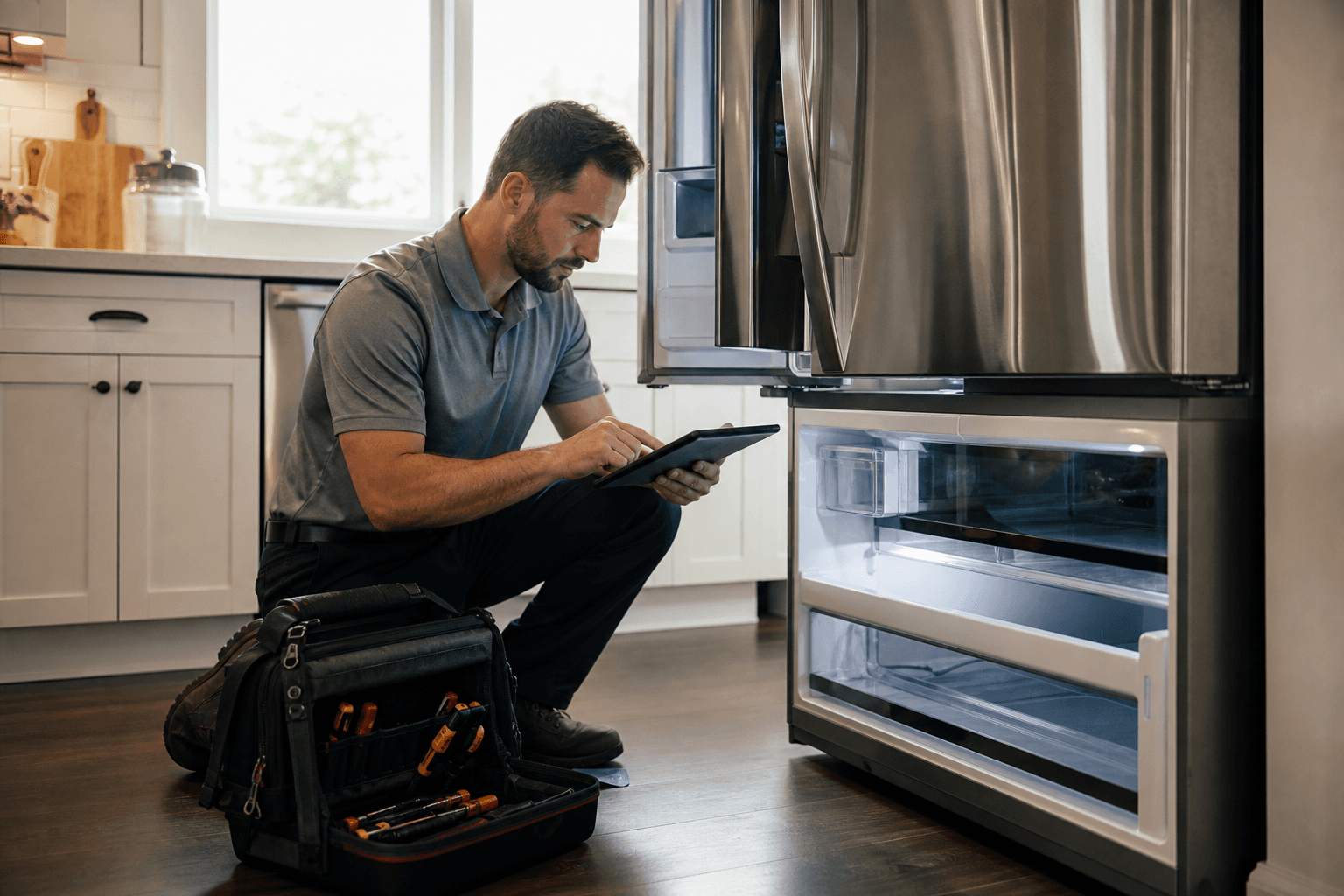 Appliance repair technician with branded toolkit kneeling in front of a stainless steel refrigerator in a modern kitchen, diagnosing the compressor on a tablet