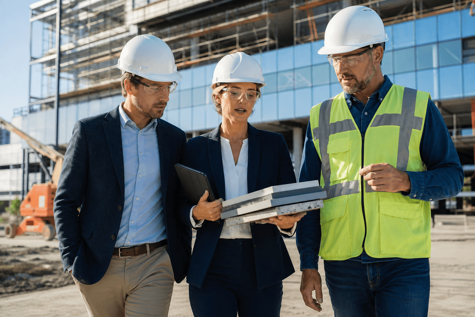 Building product manufacturer rep with a tablet and product samples walking through an active construction site reviewing wall details with an architect and the general contractor's project manager
