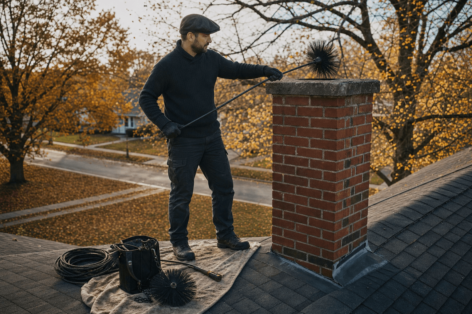 Chimney sweep technician on a sloped residential roof inspecting a brick chimney with traditional brushes and rods, cleaning equipment laid out on a drop cloth, autumn leaves on the lawn below