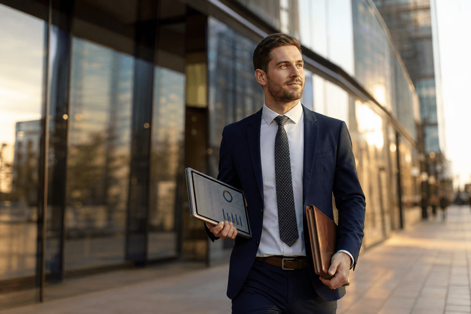 Commercial services account executive in a sharp suit walking past a row of multi-tenant office towers with a tablet displaying a property portfolio dashboard and a notebook full of client notes