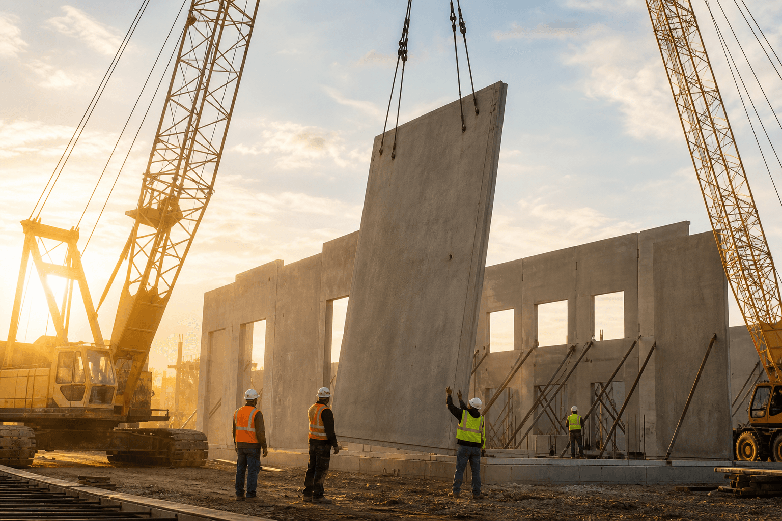 Commercial tilt-up concrete panel install at a logistics warehouse construction site with two cranes lifting a precast panel into place and workers in hard hats below
